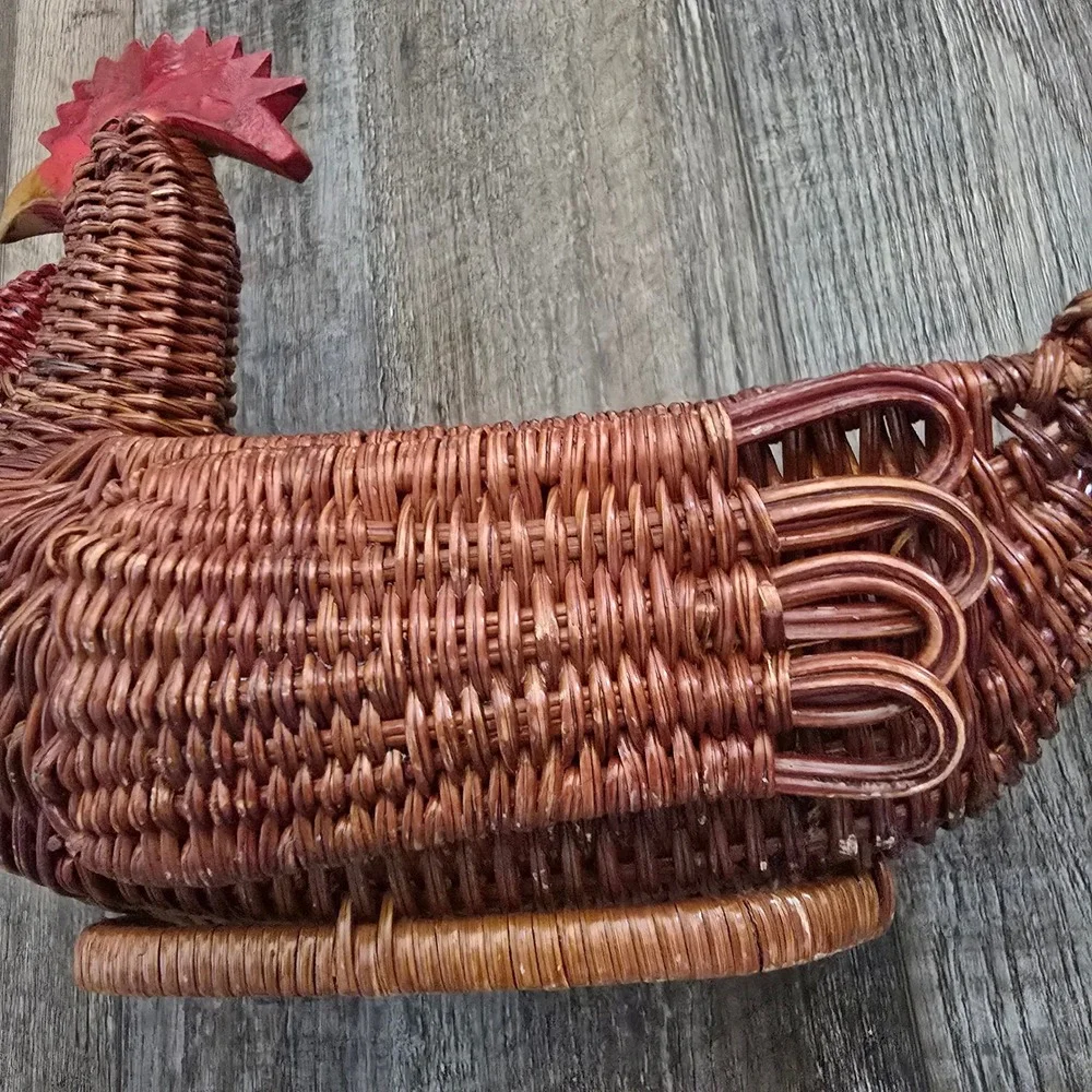 Rooster Woven Basket Wooden Comb Beak Brown Farmhouse Wicker
